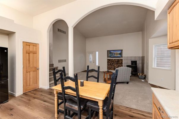 Dining room, Fireplace, Interior, Wood Texture Flooring