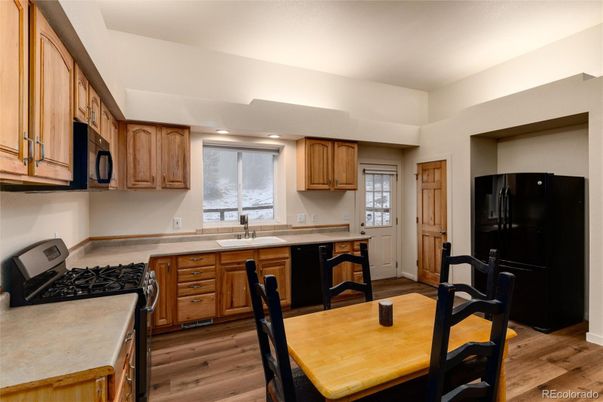 Dining room, Interior, Kitchen, Recessed Lighting, Wood Texture Flooring