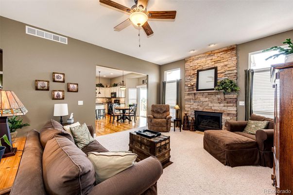 Dining room, Fireplace, Interior, Kitchen, Living room, Pendant Lights, Recessed Lighting, Stone Walls, Wood Texture Flooring