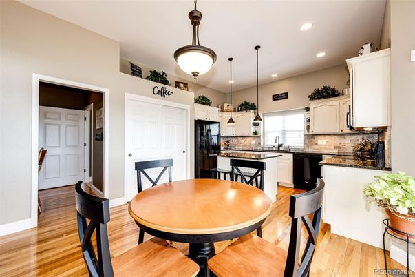 Dining room, Interior, Kitchen, Pendant Lights, Recessed Lighting, Wood Texture Flooring