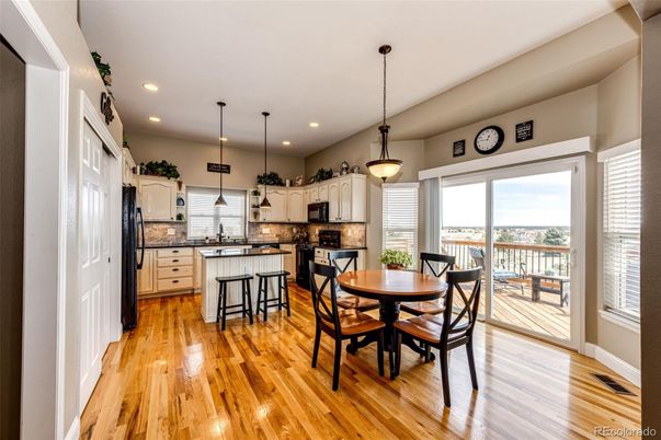 Dining room, Interior, Kitchen, Pendant Lights, Recessed Lighting, Wood Texture Flooring