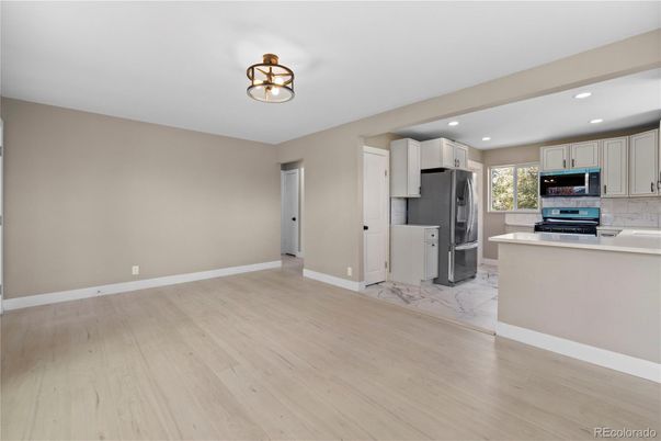 Interior, Kitchen, Marble, Recessed Lighting, Wood Texture Flooring