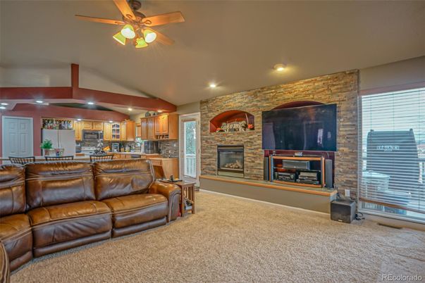 Fireplace, Interior, Kitchen, Living room, Recessed Lighting, Stone Walls