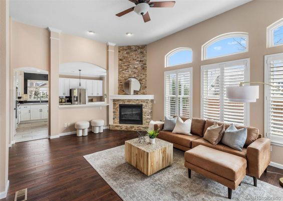 Fireplace, Interior, Kitchen, Living room, Recessed Lighting, Stainless Steel Appliances, Stone Walls, Wood Texture Flooring