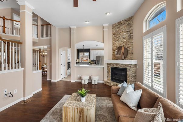 Fireplace, Interior, Kitchen, Living room, Pendant Lights, Recessed Lighting, Stone Walls, Wood Texture Flooring