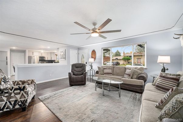 Interior, Kitchen, Living room, Recessed Lighting, Stainless Steel Appliances, Wood Texture Flooring