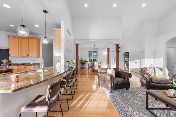 Dining room, Interior, Kitchen, Living room, Pendant Lights, Recessed Lighting, Wood Texture Flooring