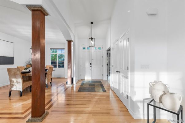 Dining room, Interior, Pendant Lights, Wood Texture Flooring
