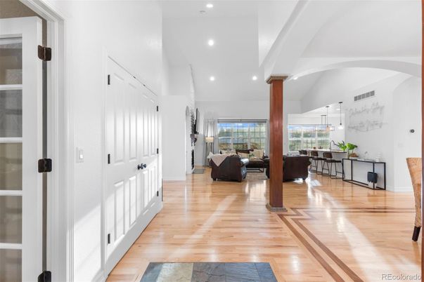 Dining room, Interior, Living room, Recessed Lighting, Wood Texture Flooring