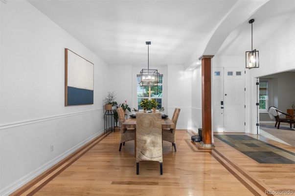 Dining room, Interior, Pendant Lights, Wood Texture Flooring