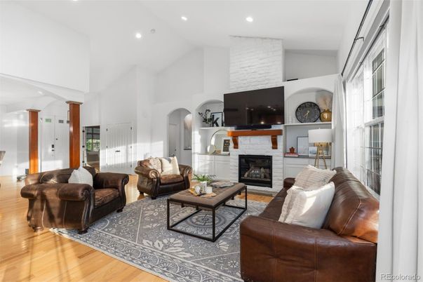 Fireplace, Interior, Living room, Recessed Lighting, Wood Texture Flooring
