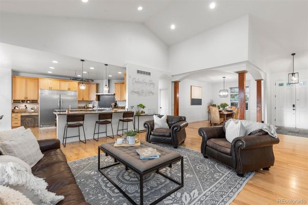 Dining room, Interior, Kitchen, Living room, Pendant Lights, Recessed Lighting, Stainless Steel Appliances, Wood Texture Flooring