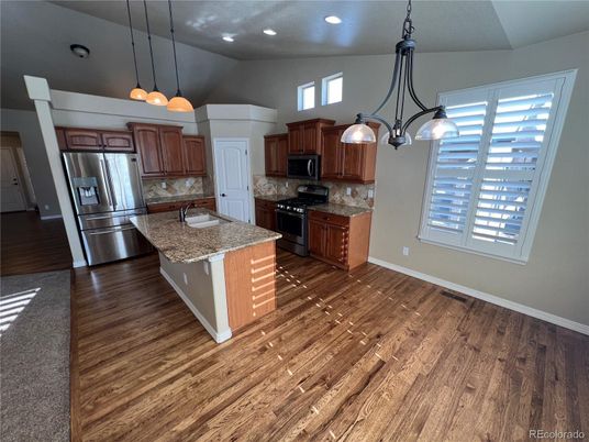 Interior, Kitchen, Pendant Lights, Recessed Lighting, Stainless Steel Appliances, Wood Texture Flooring