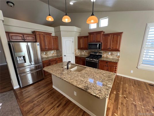 Interior, Kitchen, Pendant Lights, Recessed Lighting, Stainless Steel Appliances, Wood Texture Flooring