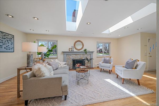Fireplace, Interior, Living room, Recessed Lighting, Wood Texture Flooring