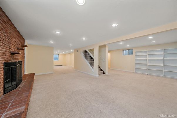 Empty room, Fireplace, Interior, Recessed Lighting, Stone Walls