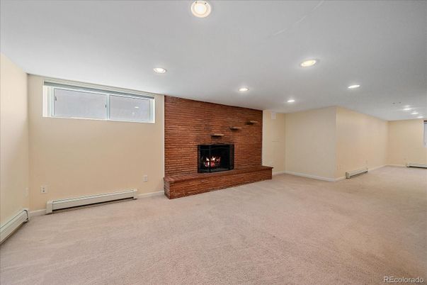 Empty room, Fireplace, Interior, Recessed Lighting, Stone Walls