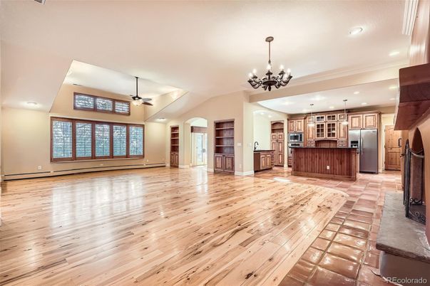 Chandelier, Interior, Kitchen, Recessed Lighting, Stainless Steel Appliances, Wood Texture Flooring