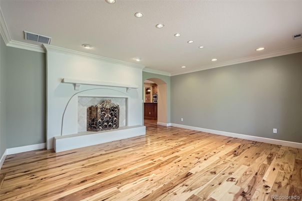 Empty room, Fireplace, Interior, Recessed Lighting, Wood Texture Flooring