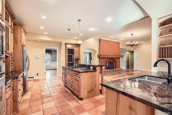 Chandelier, Fireplace, Interior, Kitchen, Pendant Lights, Recessed Lighting