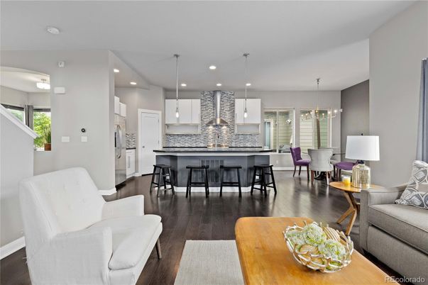 Dining room, Interior, Kitchen, Living room, Pendant Lights, Recessed Lighting, Stainless Steel Appliances, Wood Texture Flooring
