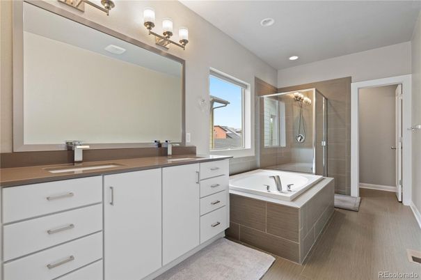 Bathroom, Dual Sink Vanities, Glass Shower, Interior, Recessed Lighting