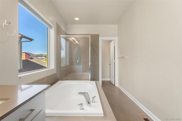 Bathroom, Glass Shower, Interior, Recessed Lighting, Wood Texture Flooring