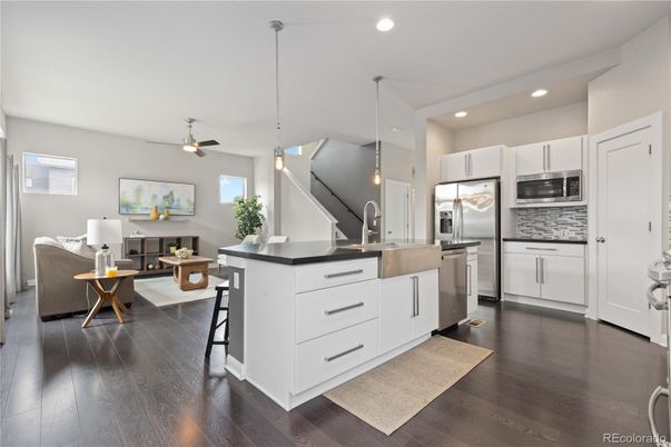 Interior, Kitchen, Living room, Pendant Lights, Recessed Lighting, Stainless Steel Appliances, Wood Texture Flooring