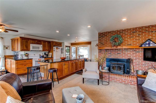 Fireplace, Interior, Kitchen, Recessed Lighting, Stone Walls