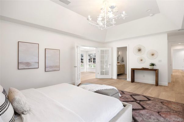 Bedroom, Chandelier, Interior, Wood Texture Flooring