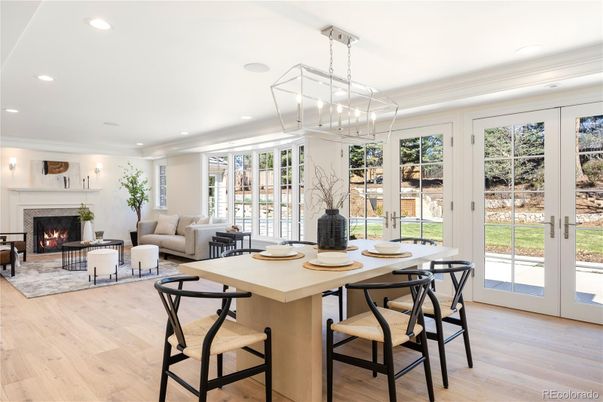 Dining room, Fireplace, Interior, Living room, Pendant Lights, Recessed Lighting, Wood Texture Flooring
