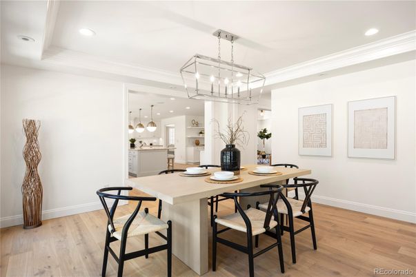 Dining room, Interior, Kitchen, Pendant Lights, Recessed Lighting, Wood Texture Flooring