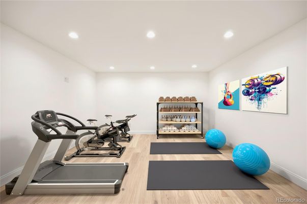 Fitness Equipment, Interior, Recessed Lighting, Wood Texture Flooring