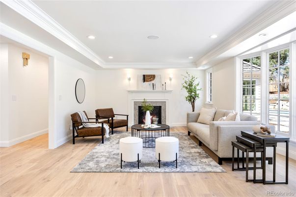 Fireplace, Interior, Living room, Recessed Lighting, Wood Texture Flooring