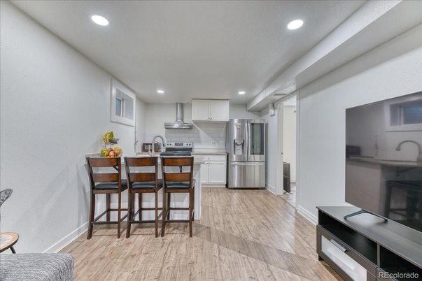 Interior, Kitchen, Recessed Lighting, Stainless Steel Appliances, Wood Texture Flooring