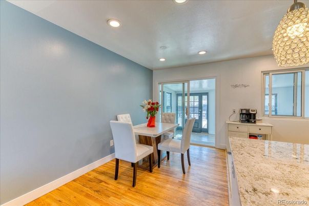 Dining room, Interior, Recessed Lighting, Wood Texture Flooring