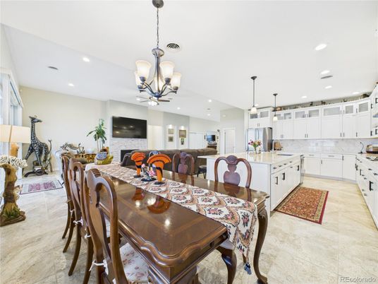 Dining room, Fireplace, Interior, Kitchen, Pendant Lights, Recessed Lighting