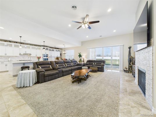 Fireplace, Interior, Kitchen, Living room, Pendant Lights, Recessed Lighting, Stone Walls
