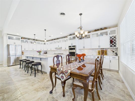 Chandelier, Dining room, Interior, Kitchen, Pendant Lights, Recessed Lighting, Stainless Steel Appliances