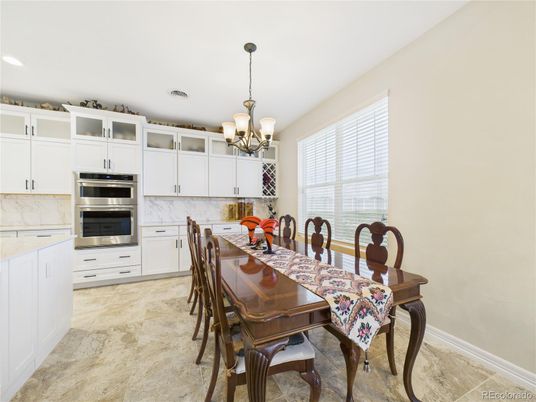Chandelier, Dining room, Interior, Kitchen, Recessed Lighting, Stainless Steel Appliances