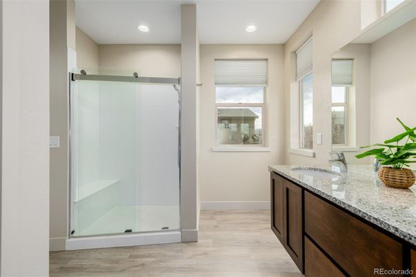 Bathroom, Glass Shower, Interior, Recessed Lighting, Wood Texture Flooring