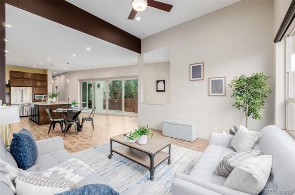Dining room, Interior, Kitchen, Living room, Pendant Lights, Recessed Lighting, Stainless Steel Appliances, Wood Texture Flooring
