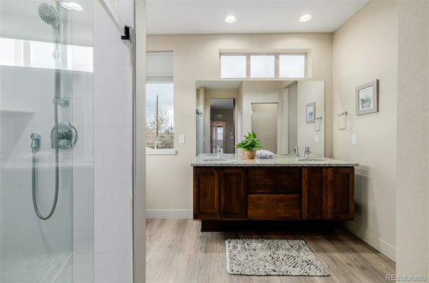 Bathroom, Dual Sink Vanities, Glass Shower, Interior, Recessed Lighting, Wood Texture Flooring