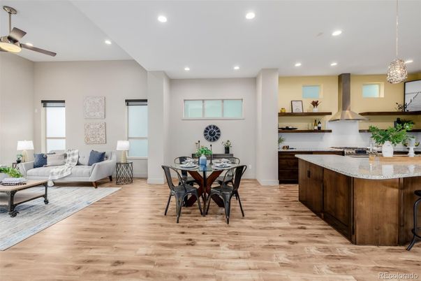Dining room, Interior, Kitchen, Living room, Pendant Lights, Recessed Lighting, Wood Texture Flooring