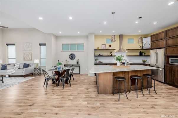 Dining room, Interior, Kitchen, Living room, Pendant Lights, Recessed Lighting, Stainless Steel Appliances, Wood Texture Flooring