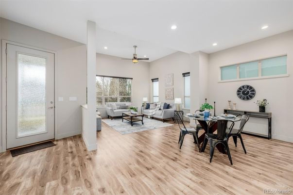 Dining room, Interior, Living room, Recessed Lighting, Wood Texture Flooring