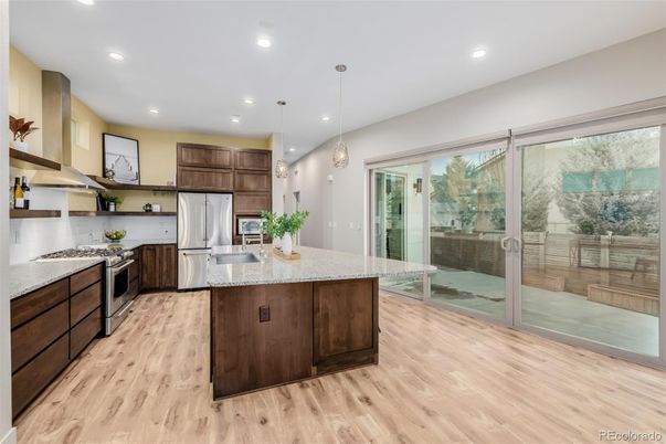 Interior, Kitchen, Pendant Lights, Recessed Lighting, Stainless Steel Appliances, Wood Texture Flooring