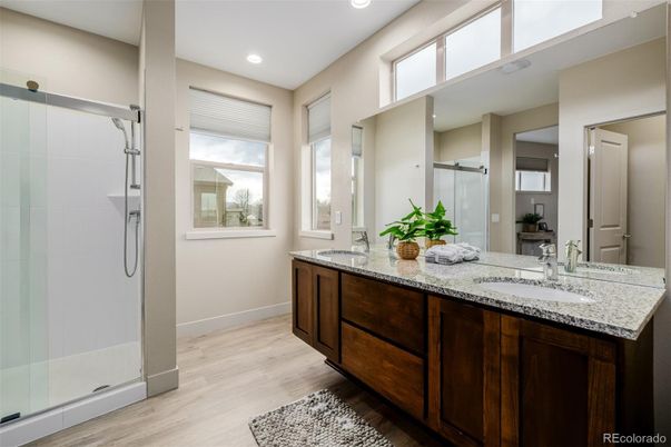 Bathroom, Glass Shower, Interior, Recessed Lighting, Wood Texture Flooring