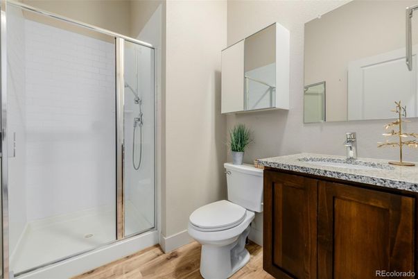 Bathroom, Glass Shower, Interior, Wood Texture Flooring
