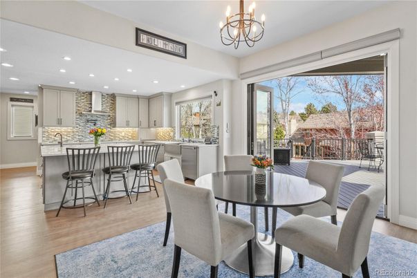 Chandelier, Dining room, Interior, Kitchen, Recessed Lighting, Wood Texture Flooring